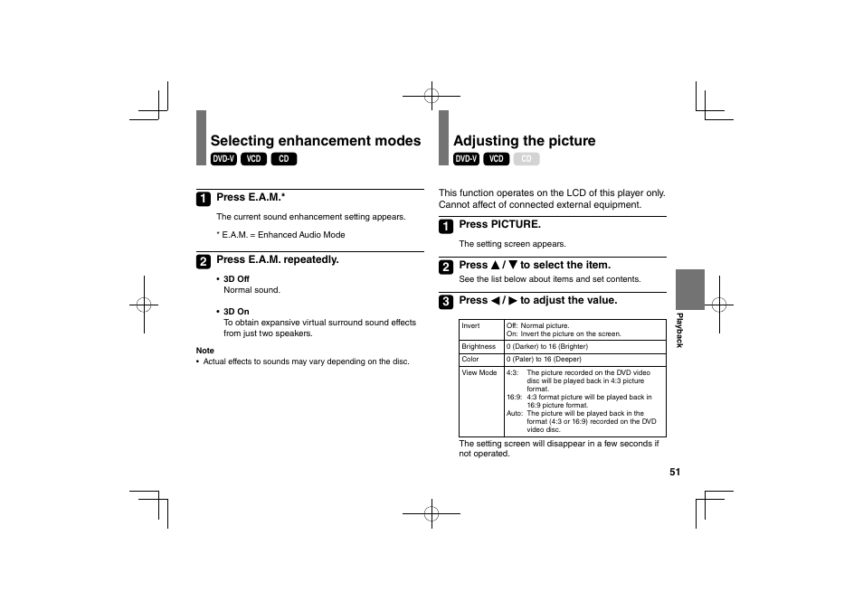 Selecting enhancement modes, Adjusting the picture | Toshiba SDP74D User Manual | Page 51 / 76