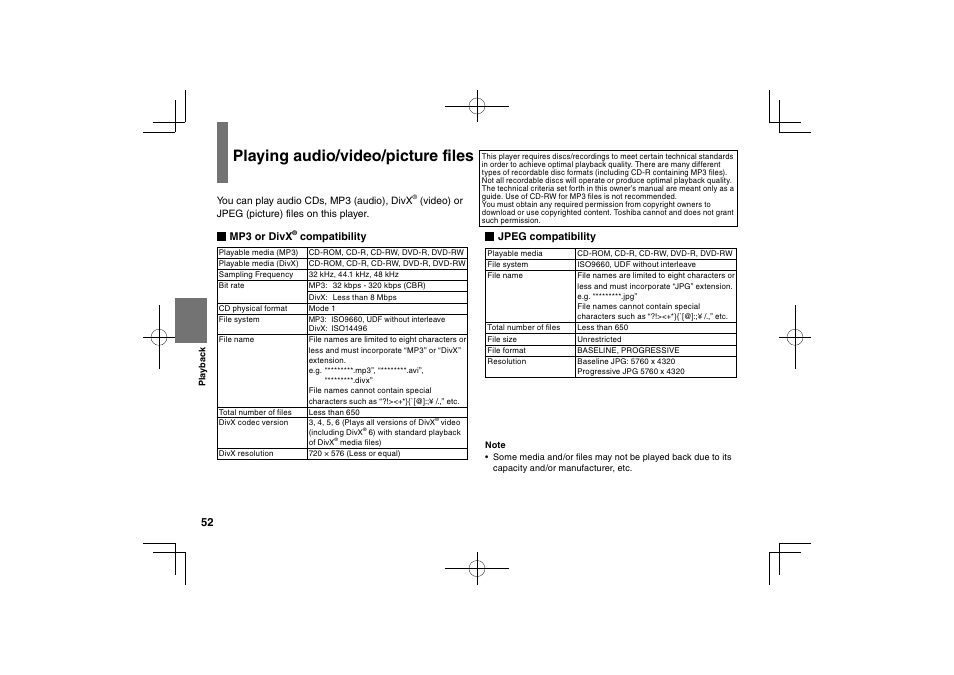 Playing audio/video/picture files | Toshiba SDP74D User Manual | Page 52 / 76