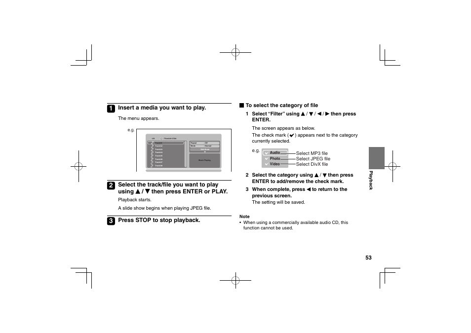 Insert a media you want to play, Press stop to stop playback | Toshiba SDP74D User Manual | Page 53 / 76