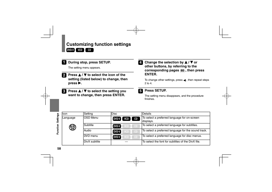 Customizing function settings | Toshiba SDP74D User Manual | Page 58 / 76