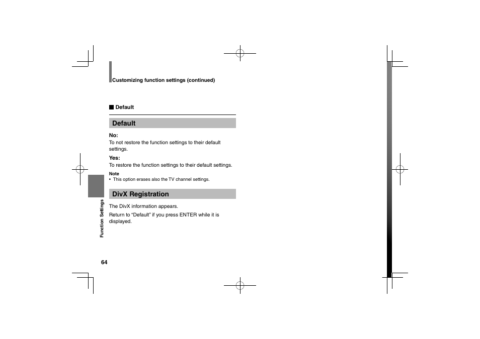 Default, Divx registration | Toshiba SDP74D User Manual | Page 64 / 76