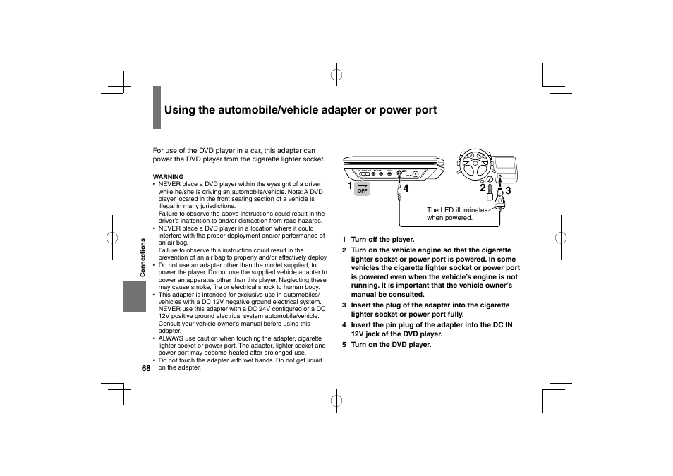 Using the automobile/vehicle adapter or power port | Toshiba SDP74D User Manual | Page 68 / 76