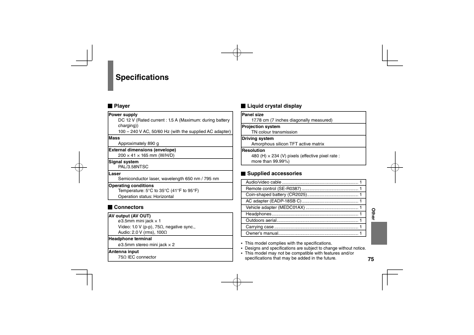 Specifications | Toshiba SDP74D User Manual | Page 75 / 76