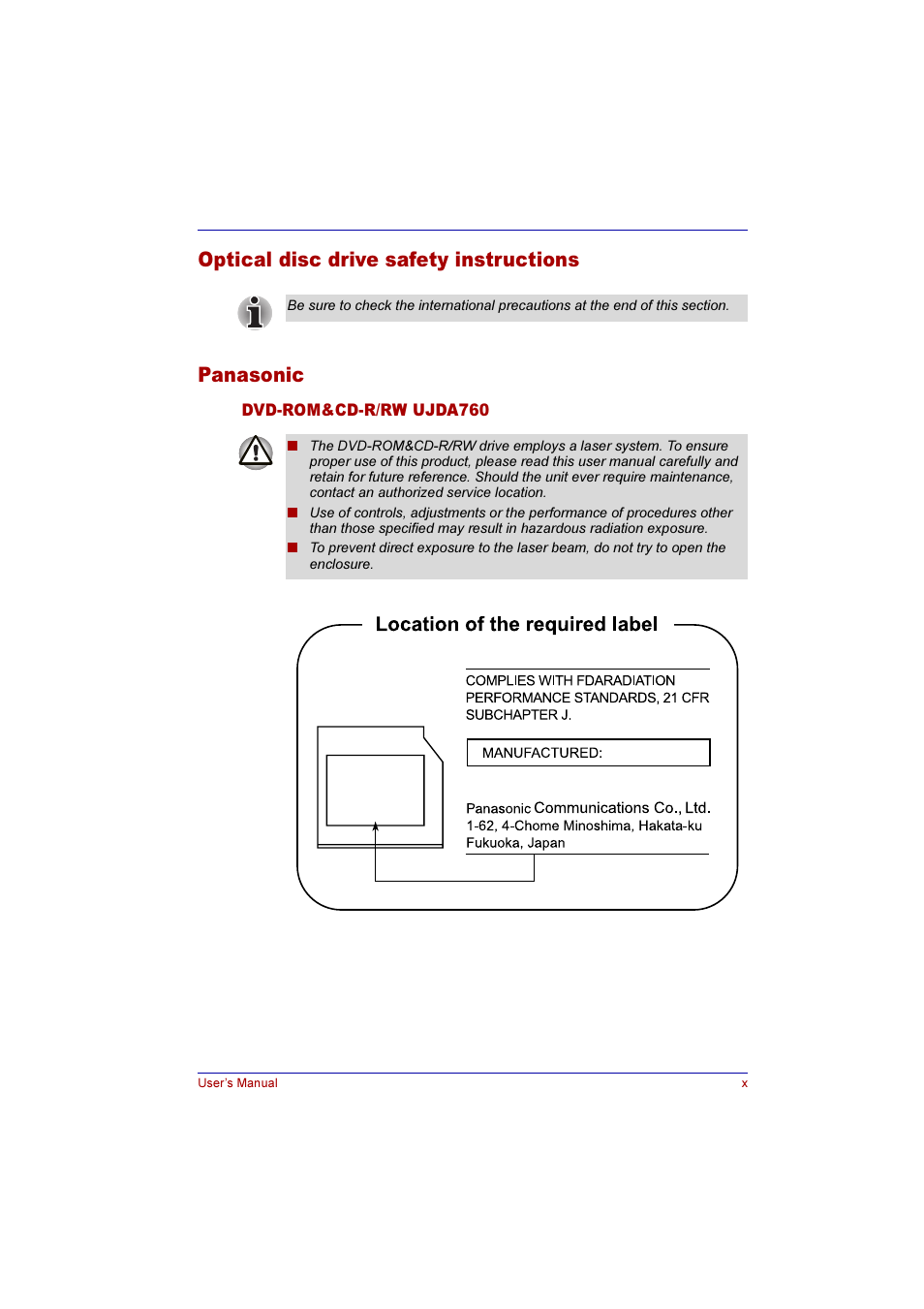 Optical disc drive safety instructions panasonic | Toshiba Qosmio G10 User Manual | Page 10 / 235