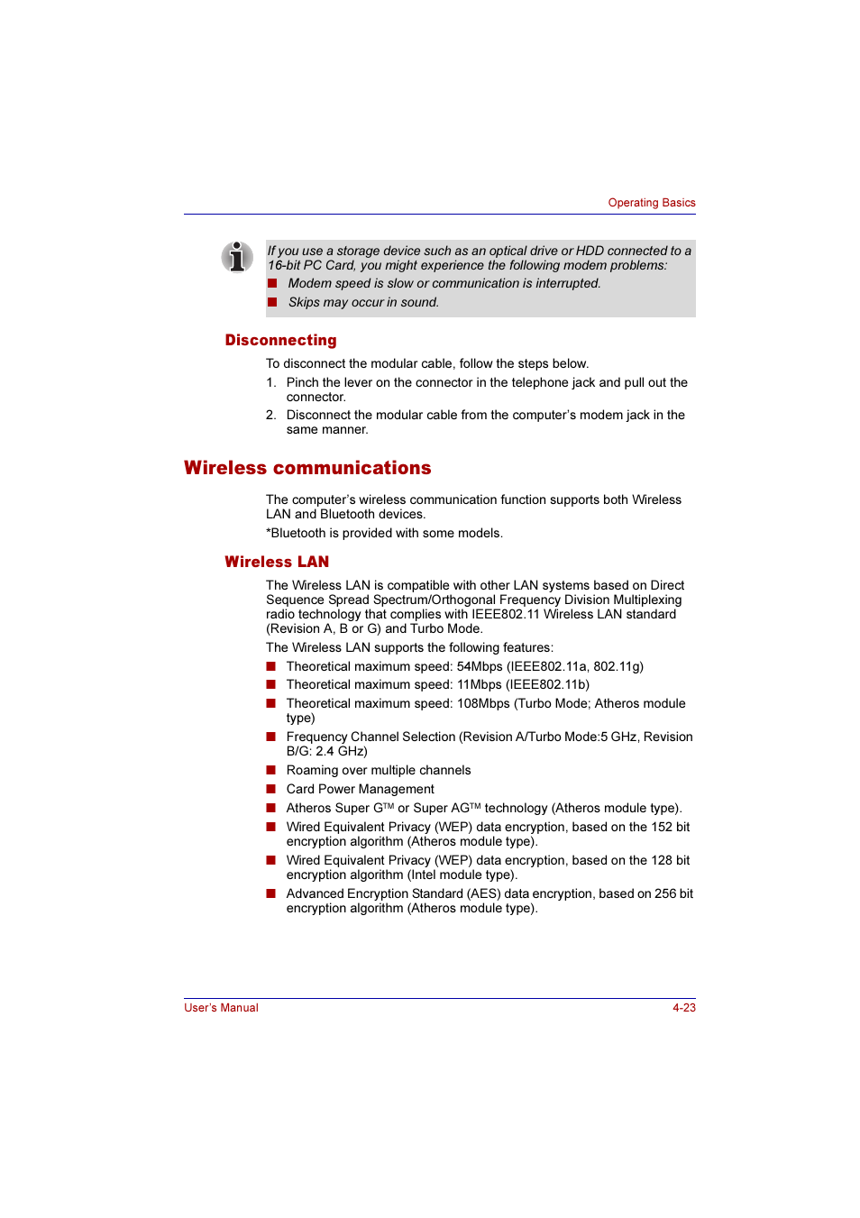 Disconnecting, Wireless communications, Wireless lan | Disconnecting -23, Wireless communications -23, Wireless lan -23 | Toshiba Qosmio G10 User Manual | Page 100 / 235