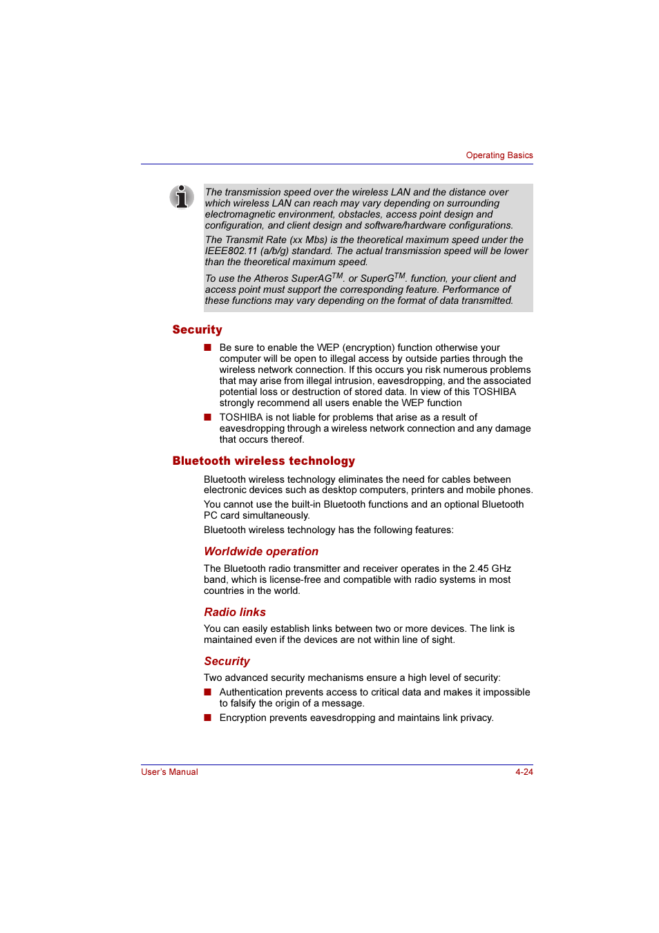 Security, Bluetooth wireless technology, Security -24 bluetooth wireless technology -24 | Toshiba Qosmio G10 User Manual | Page 101 / 235