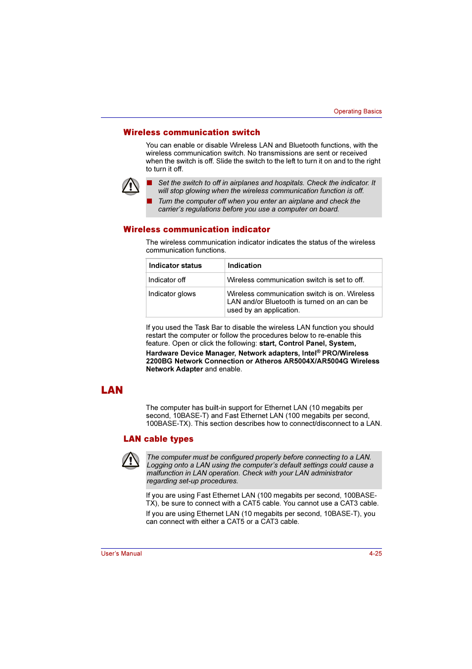 Wireless communication switch, Wireless communication indicator, Lan cable types | Lan -25, Lan cable types -25 | Toshiba Qosmio G10 User Manual | Page 102 / 235