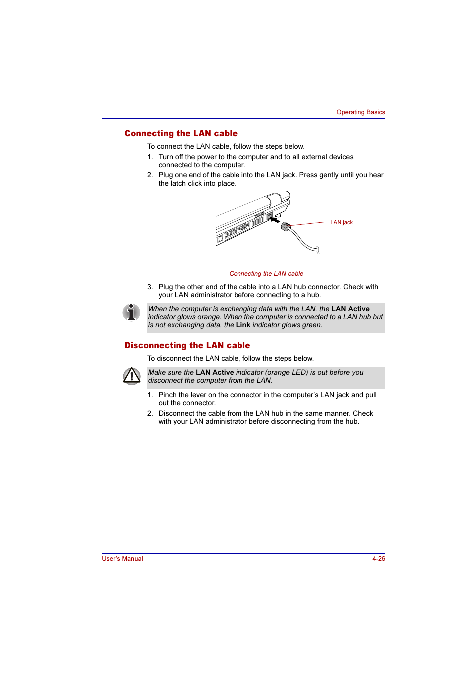 Connecting the lan cable, Disconnecting the lan cable | Toshiba Qosmio G10 User Manual | Page 103 / 235