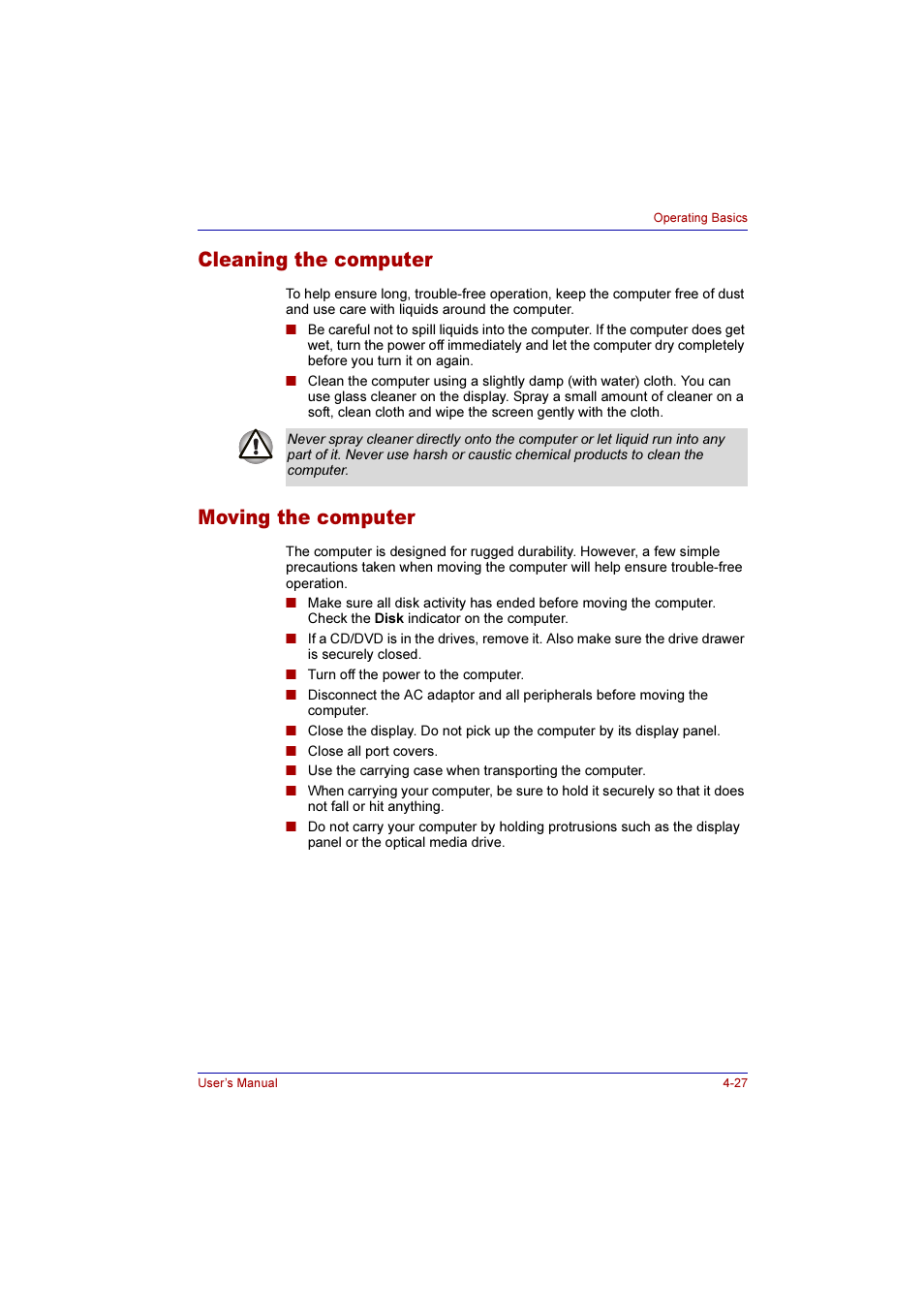 Cleaning the computer, Moving the computer, Cleaning the computer -27 moving the computer -27 | Toshiba Qosmio G10 User Manual | Page 104 / 235