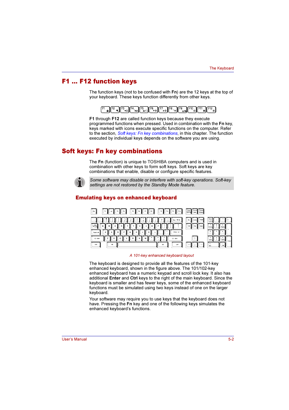 F1 … f12 function keys, Soft keys: fn key combinations, Emulating keys on enhanced keyboard | Emulating keys on enhanced keyboard -2 | Toshiba Qosmio G10 User Manual | Page 107 / 235