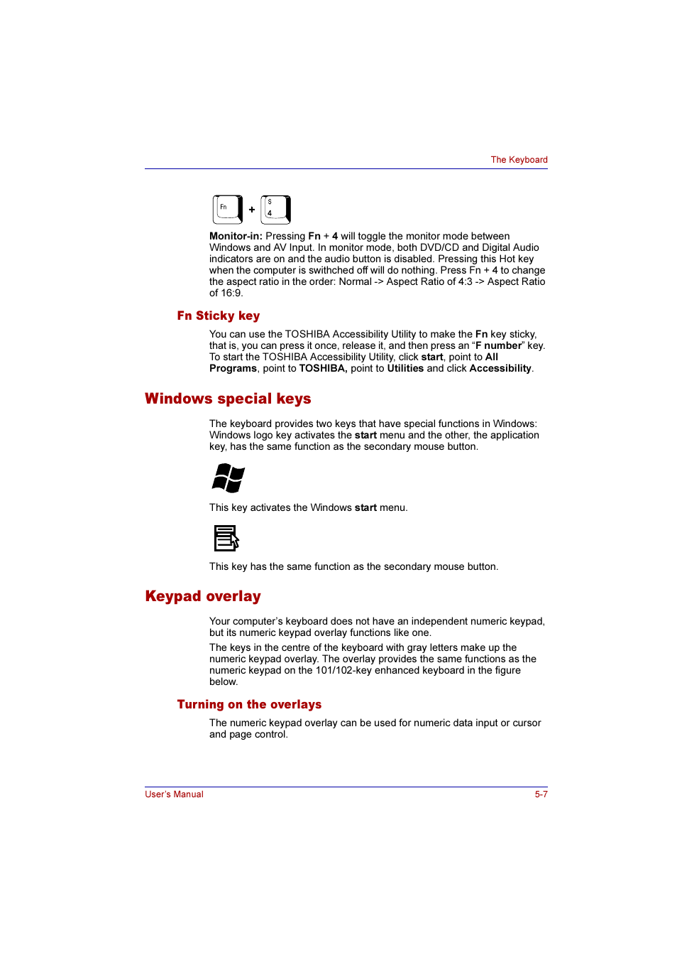 Fn sticky key, Windows special keys, Keypad overlay | Turning on the overlays, Fn sticky key -7, Windows special keys -7 keypad overlay -7, Turning on the overlays -7, Keypad, Overlay | Toshiba Qosmio G10 User Manual | Page 112 / 235