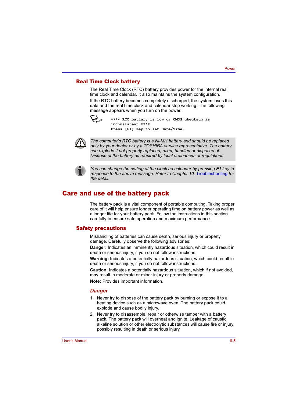 Real time clock battery, Care and use of the battery pack, Safety precautions | Real time clock battery -5, Care and use of the battery pack -5, Safety precautions -5 | Toshiba Qosmio G10 User Manual | Page 119 / 235