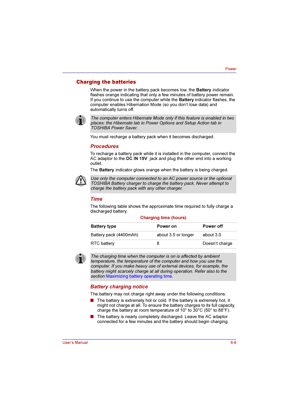 Charging the batteries, Charging the batteries -8 | Toshiba Qosmio G10 User Manual | Page 122 / 235