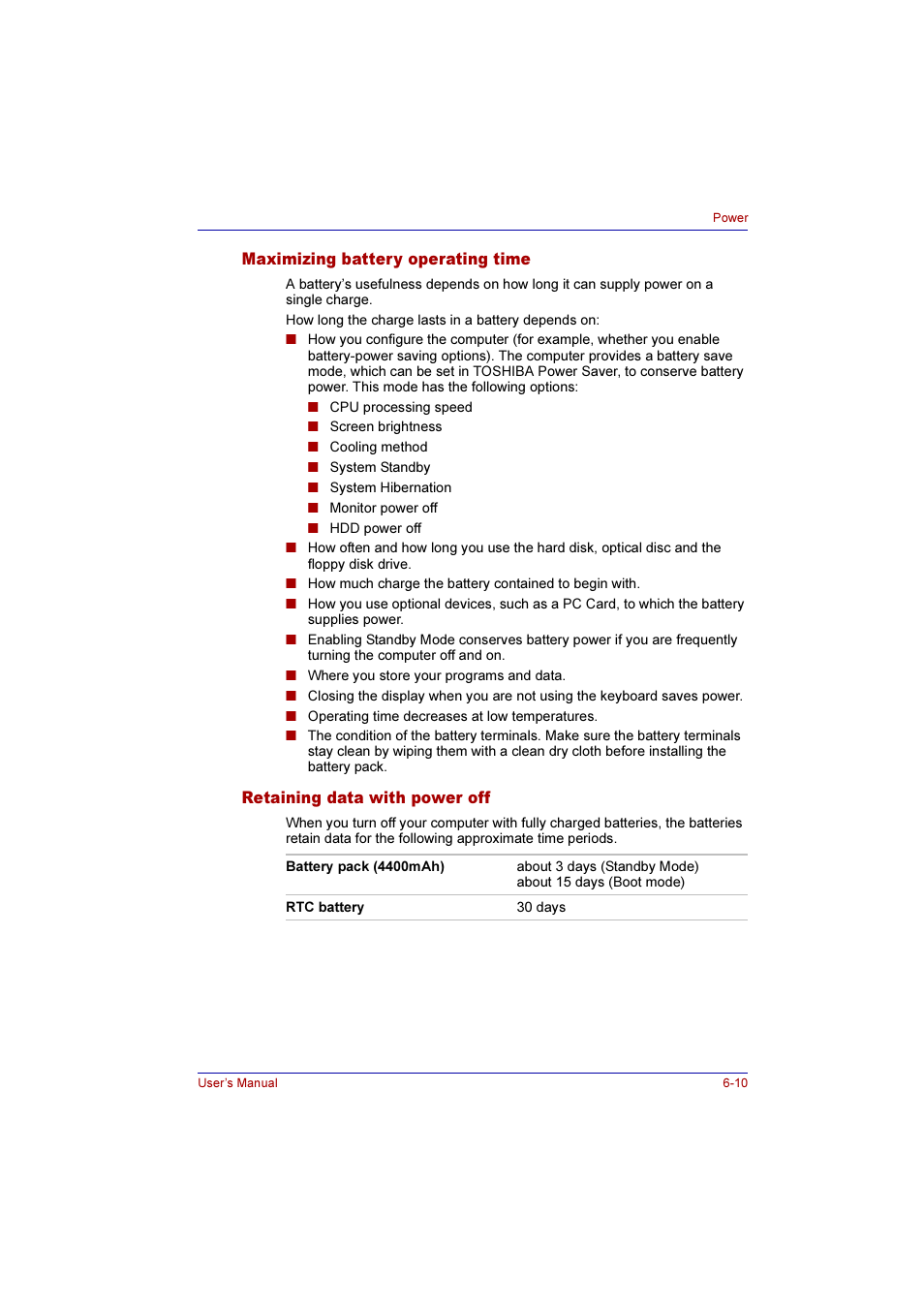 Maximizing battery operating time, Retaining data with power off | Toshiba Qosmio G10 User Manual | Page 124 / 235