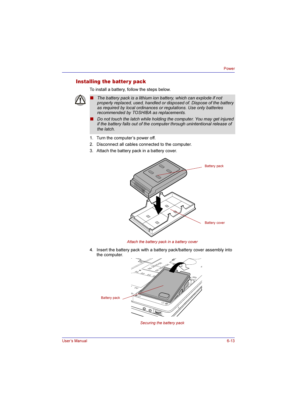 Installing the battery pack, Installing the battery pack -13 | Toshiba Qosmio G10 User Manual | Page 127 / 235