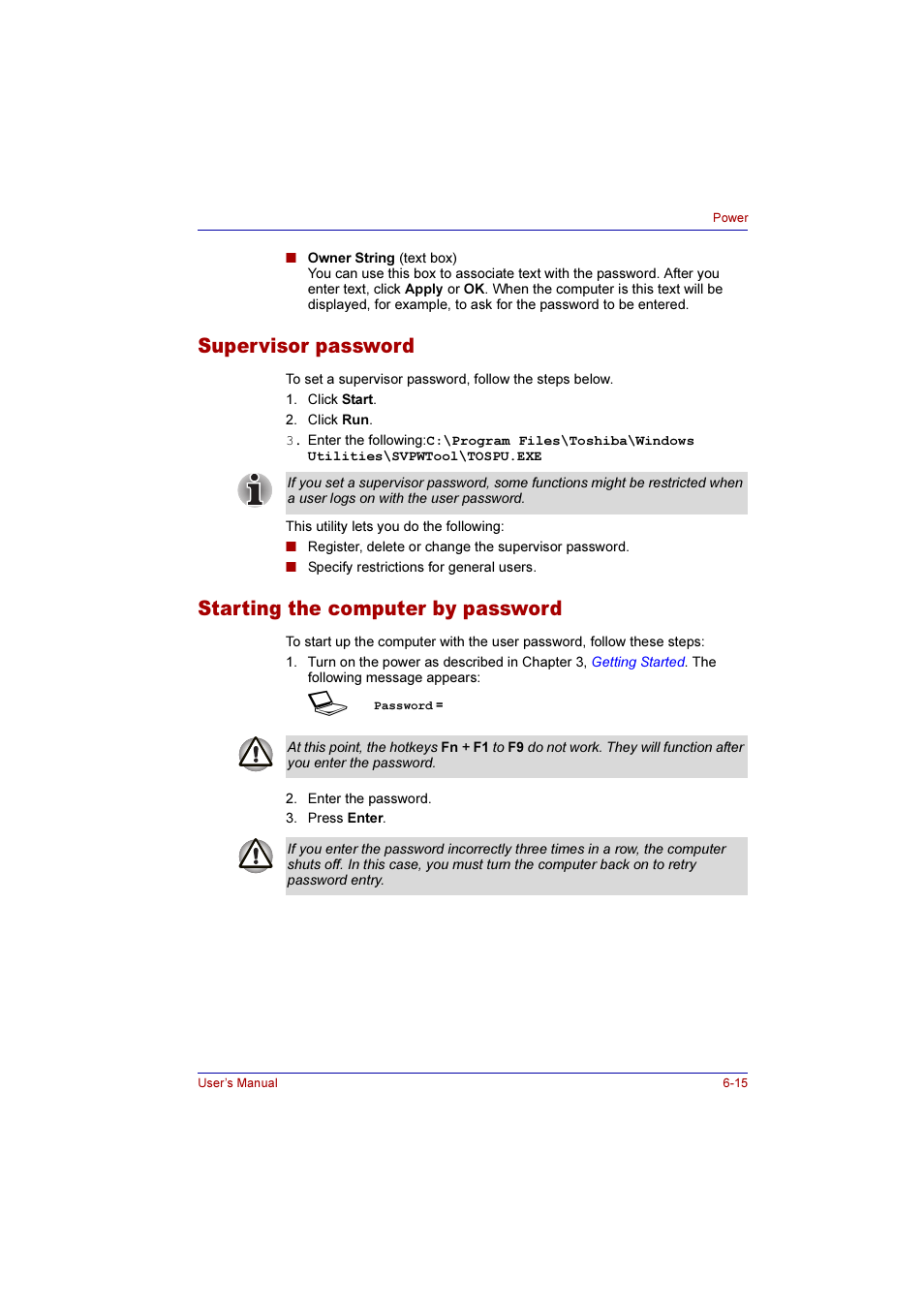 Supervisor password, Starting the computer by password | Toshiba Qosmio G10 User Manual | Page 129 / 235