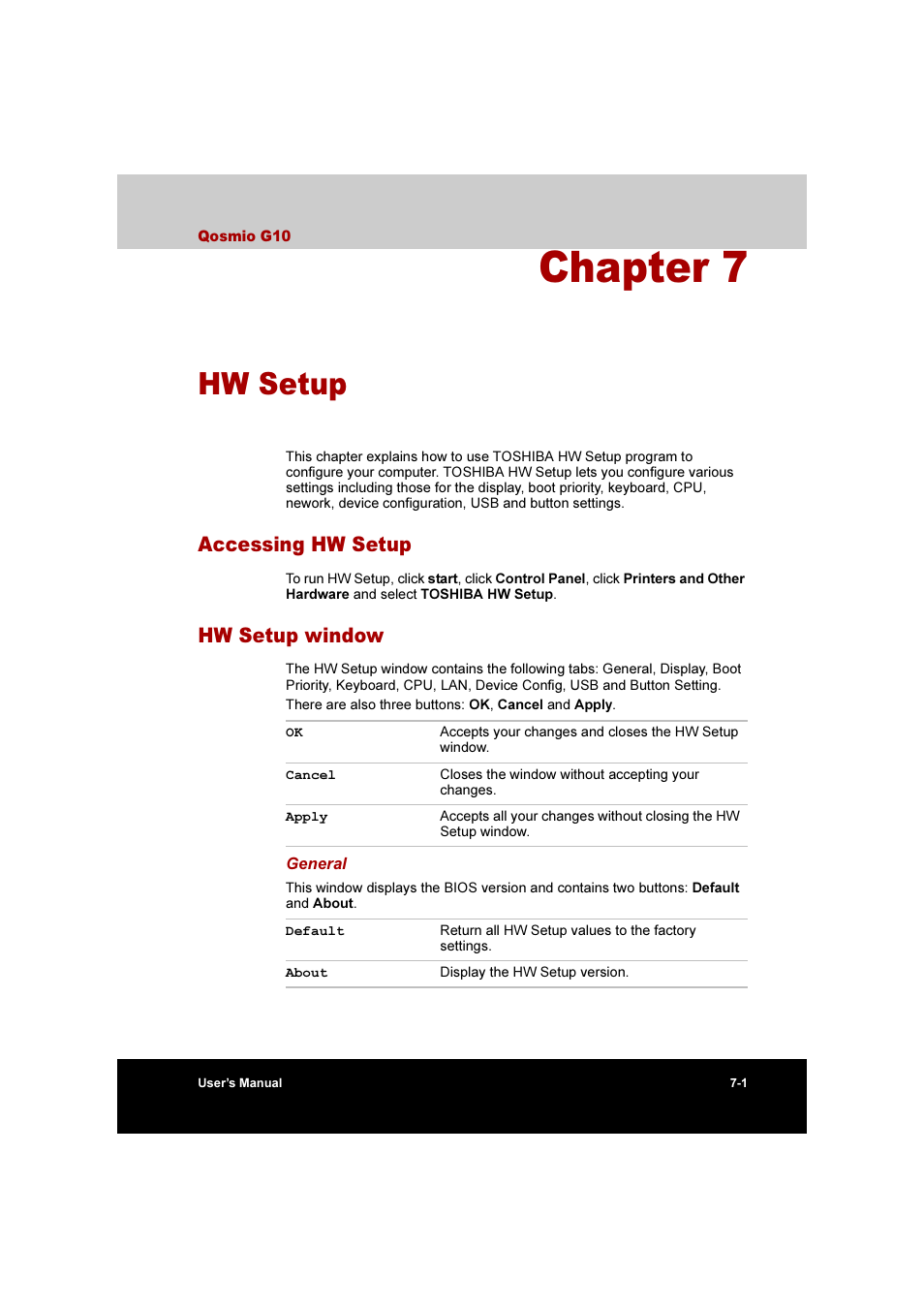Chapter 7: hw setup, Accessing hw setup, Hw setup window | Accessing hw setup -1 hw setup window -1, Hw setup, Chapter 7 | Toshiba Qosmio G10 User Manual | Page 131 / 235