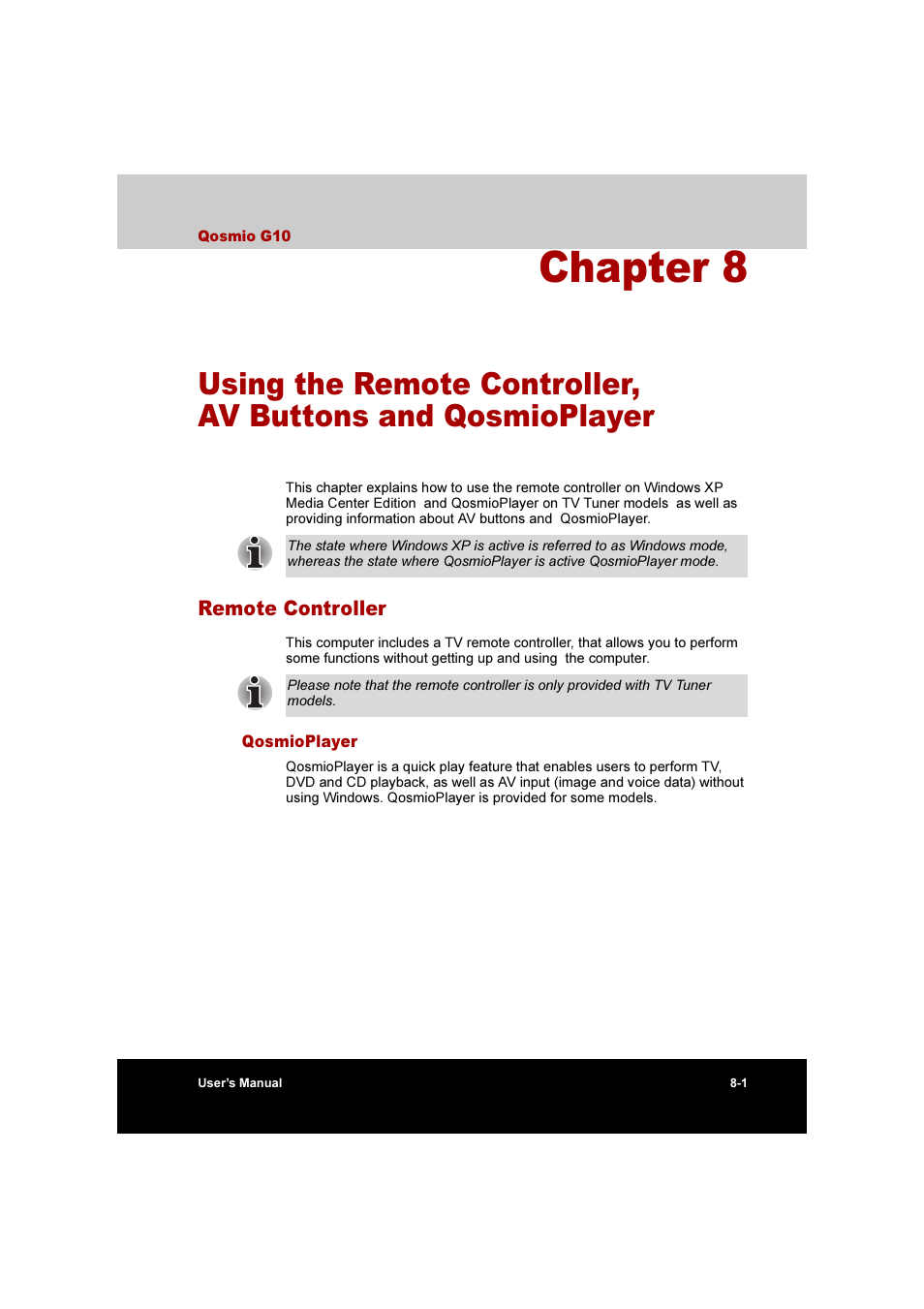 Remote controller, Qosmioplayer, Remote controller -1 | Qosmioplayer -1, Using the remote controller, Av buttons and qosmioplayer, Chapter 8 | Toshiba Qosmio G10 User Manual | Page 138 / 235