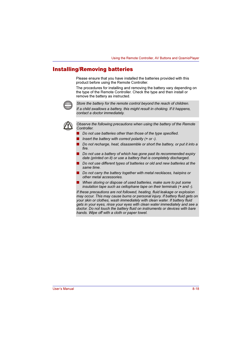 Installing/removing batteries, Installing/removing batteries -18 | Toshiba Qosmio G10 User Manual | Page 155 / 235