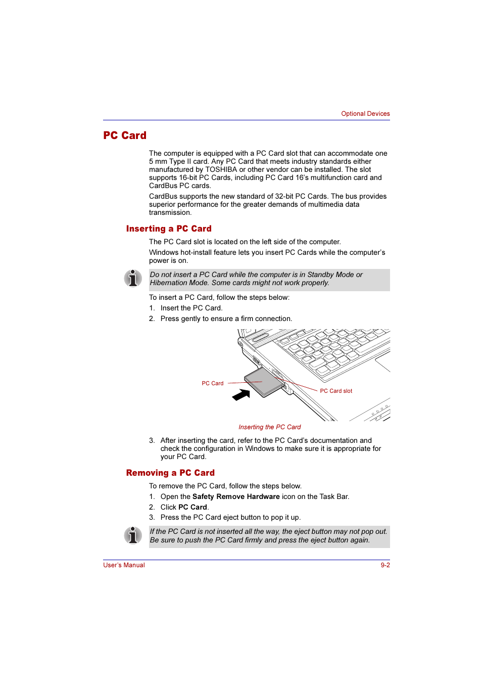 Pc card, Inserting a pc card, Removing a pc card | Pc card -2, Inserting a pc card -2 removing a pc card -2 | Toshiba Qosmio G10 User Manual | Page 161 / 235