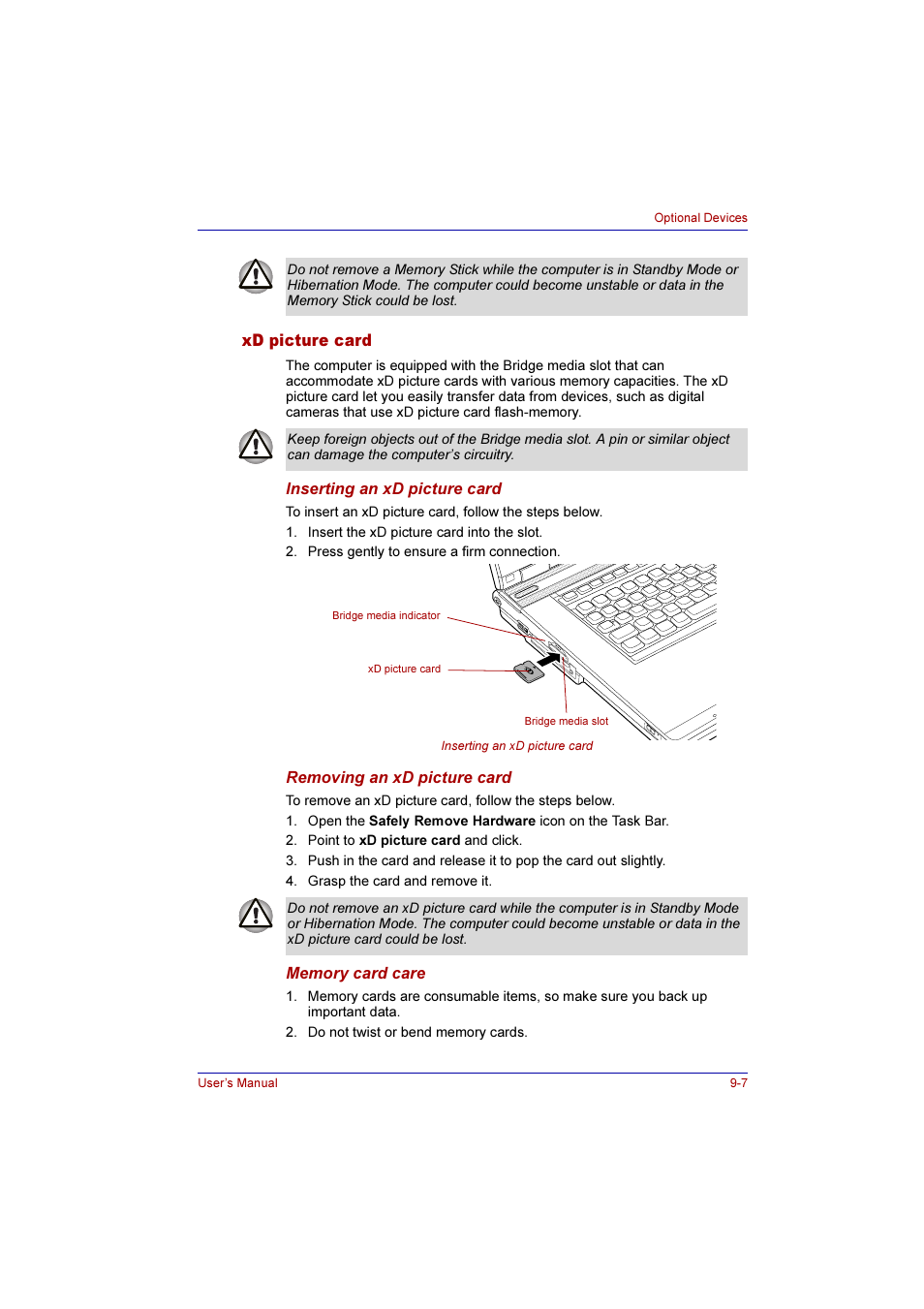 Xd picture card, Xd picture card -7 | Toshiba Qosmio G10 User Manual | Page 166 / 235