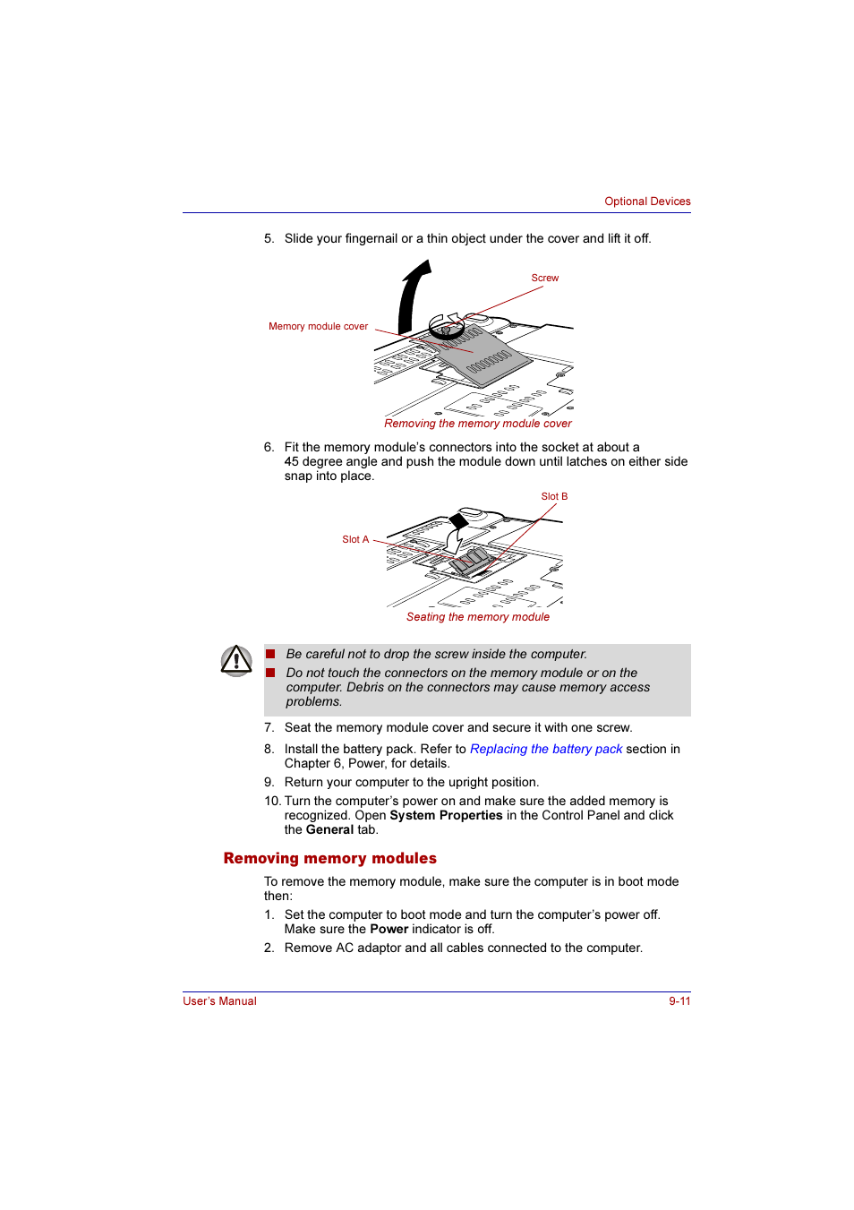 Removing memory modules, Removing memory modules -11 | Toshiba Qosmio G10 User Manual | Page 170 / 235