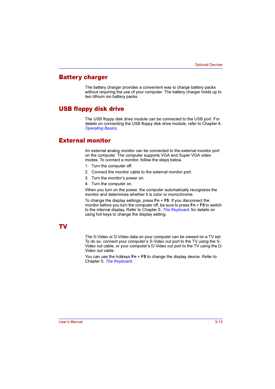 Battery charger, Usb floppy disk drive, External monitor | Toshiba Qosmio G10 User Manual | Page 172 / 235