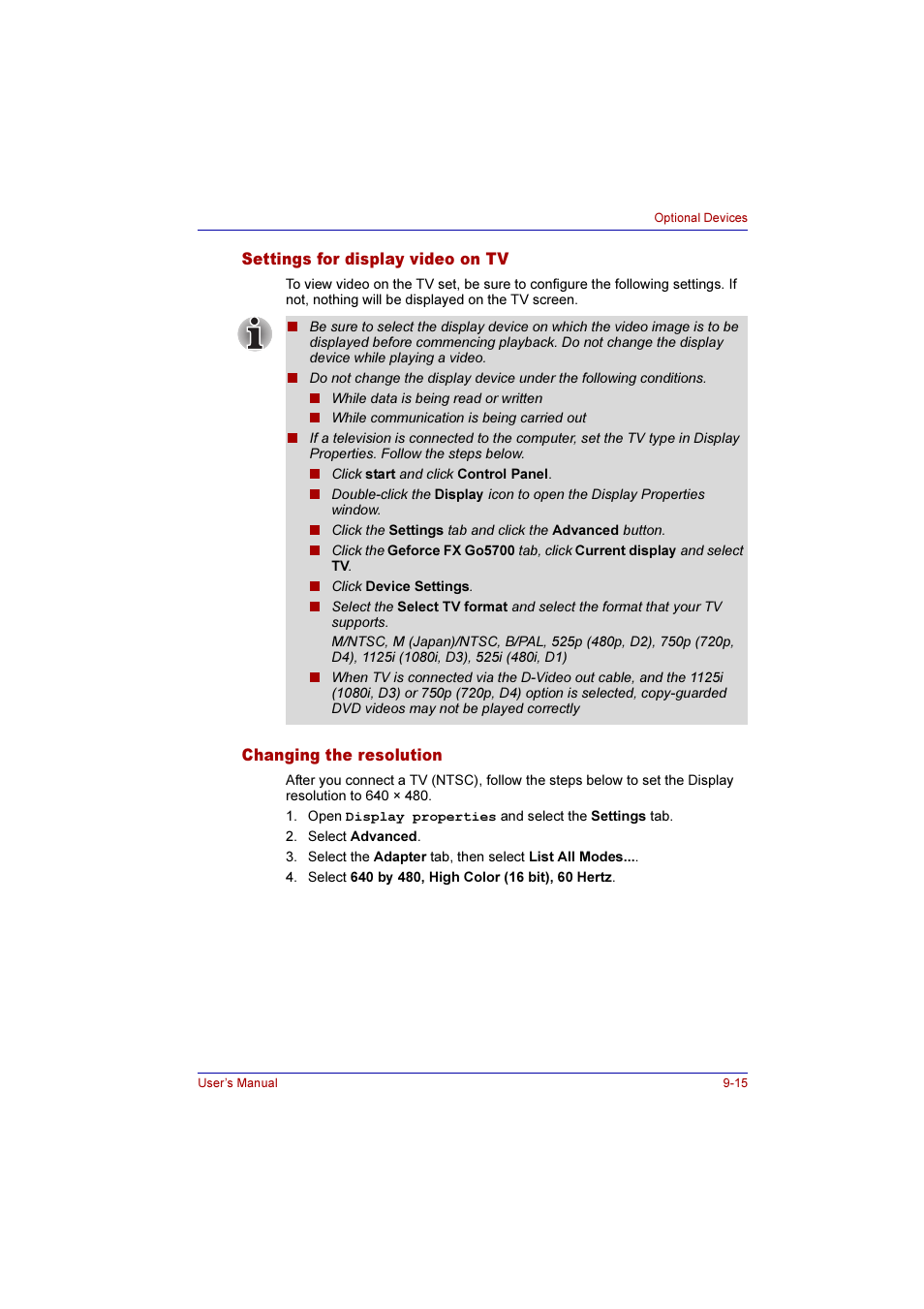 Settings for display video on tv, Changing the resolution | Toshiba Qosmio G10 User Manual | Page 174 / 235