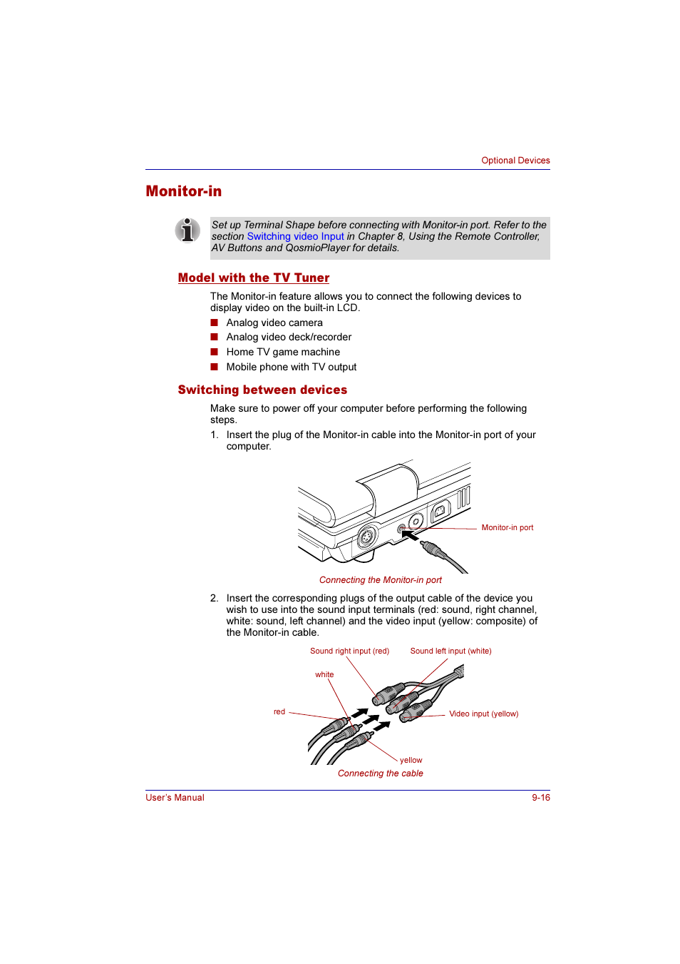 Monitor-in, Model with the tv tuner, Switching between devices | Monitor-in -16 | Toshiba Qosmio G10 User Manual | Page 175 / 235