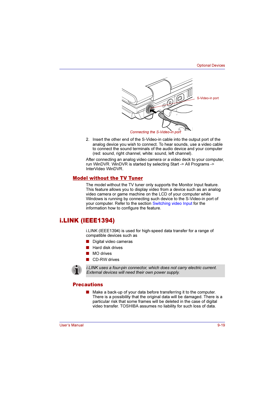 Model without the tv tuner, I.link (ieee1394), Precautions | Model without the tv tuner -19, I.link (ieee1394) -19, Precautions -19 | Toshiba Qosmio G10 User Manual | Page 178 / 235