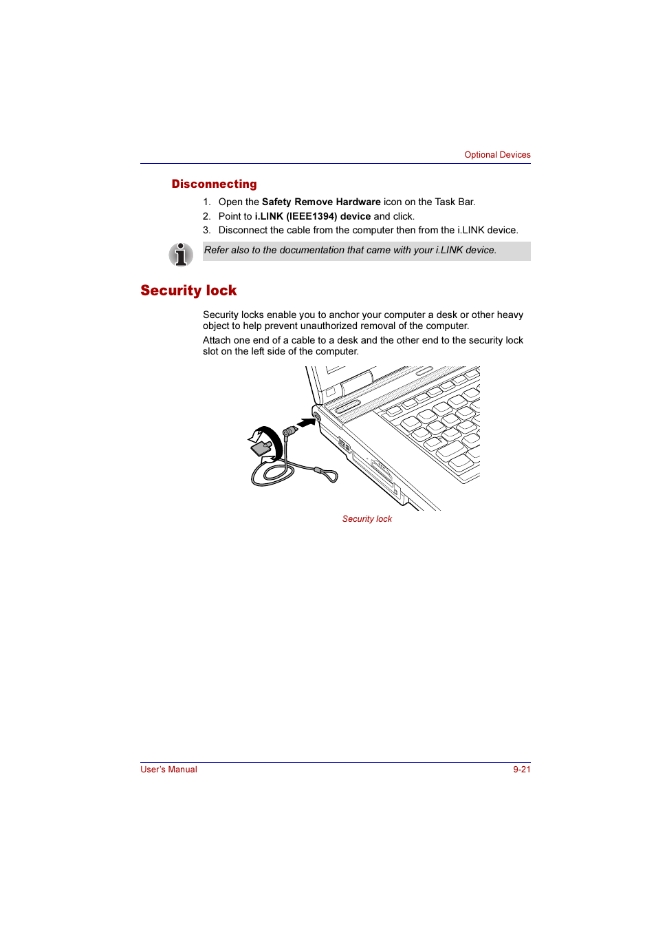 Disconnecting, Security lock, Disconnecting -21 | Security lock -21 | Toshiba Qosmio G10 User Manual | Page 180 / 235