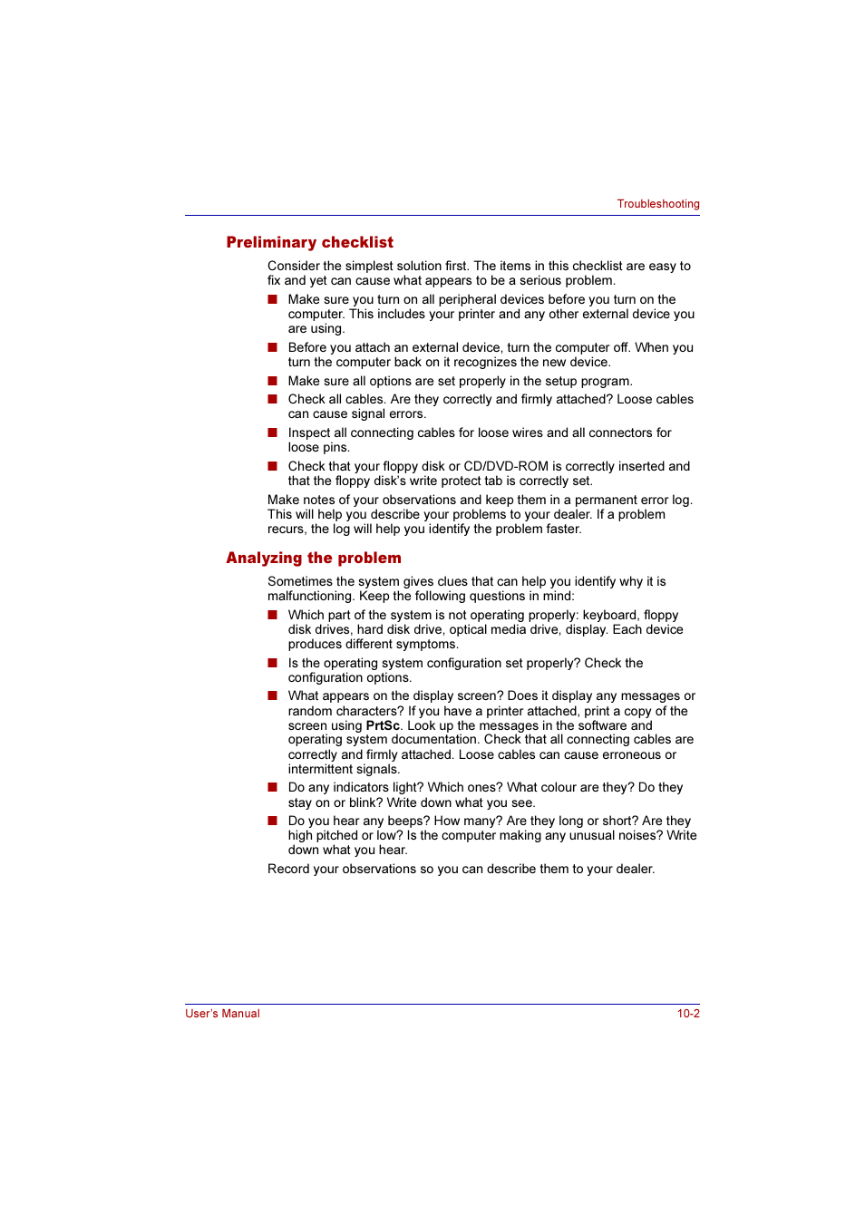 Preliminary checklist, Analyzing the problem, Preliminary checklist -2 analyzing the problem -2 | Toshiba Qosmio G10 User Manual | Page 182 / 235