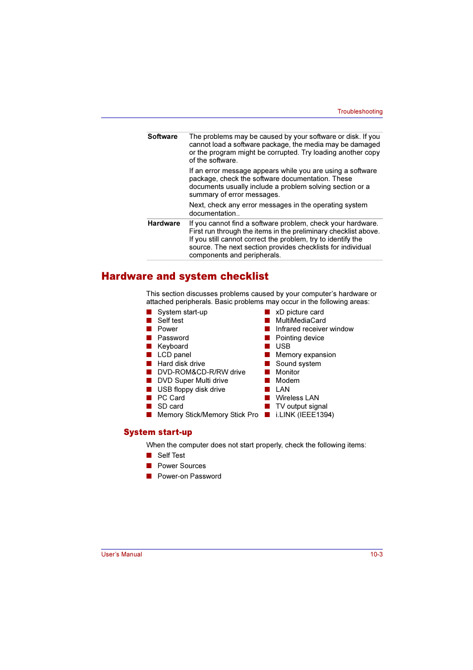 Hardware and system checklist, System start-up, Hardware and system checklist -3 | System start-up -3 | Toshiba Qosmio G10 User Manual | Page 183 / 235