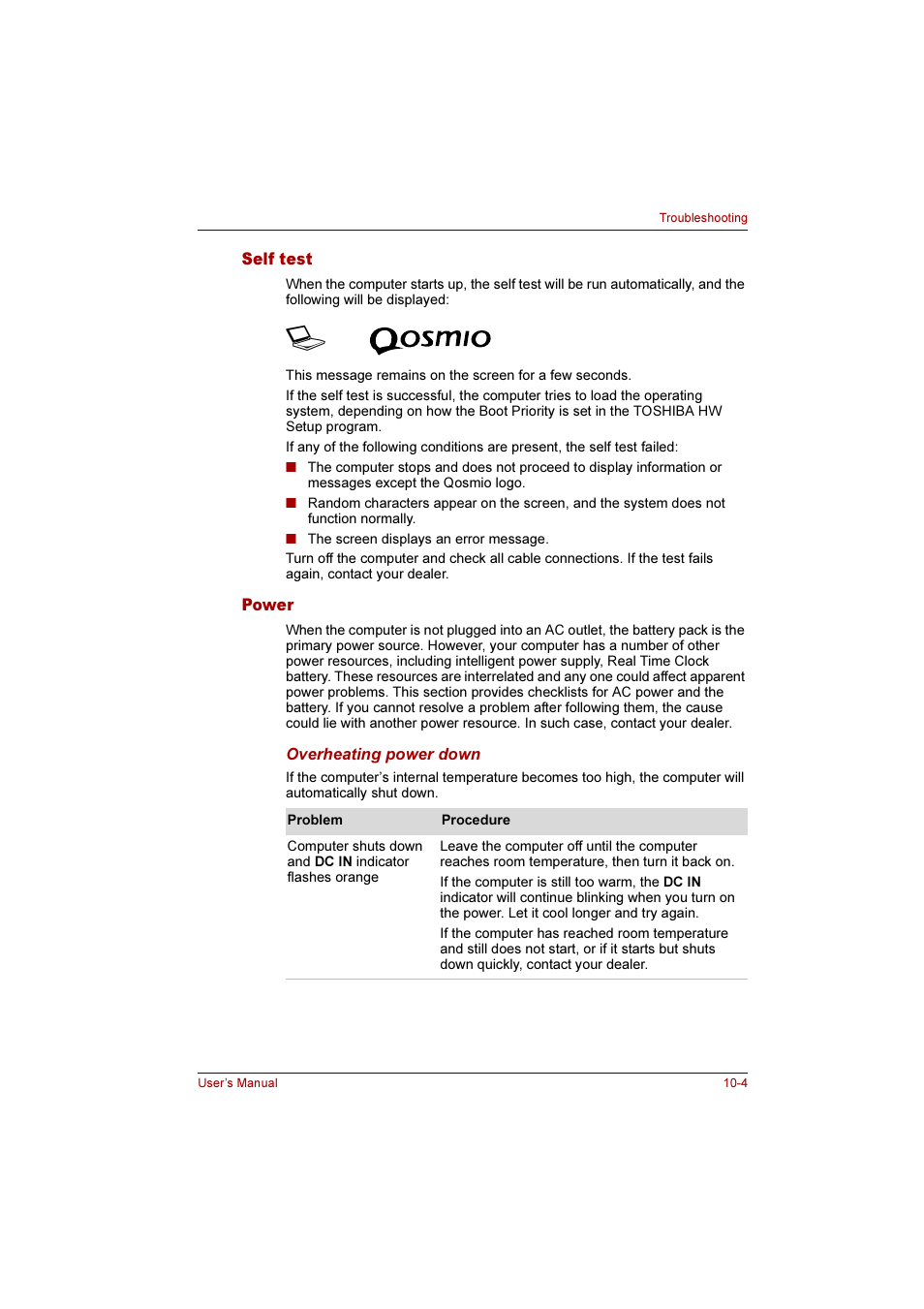 Self test, Power, Self test -4 power -4 | Toshiba Qosmio G10 User Manual | Page 184 / 235