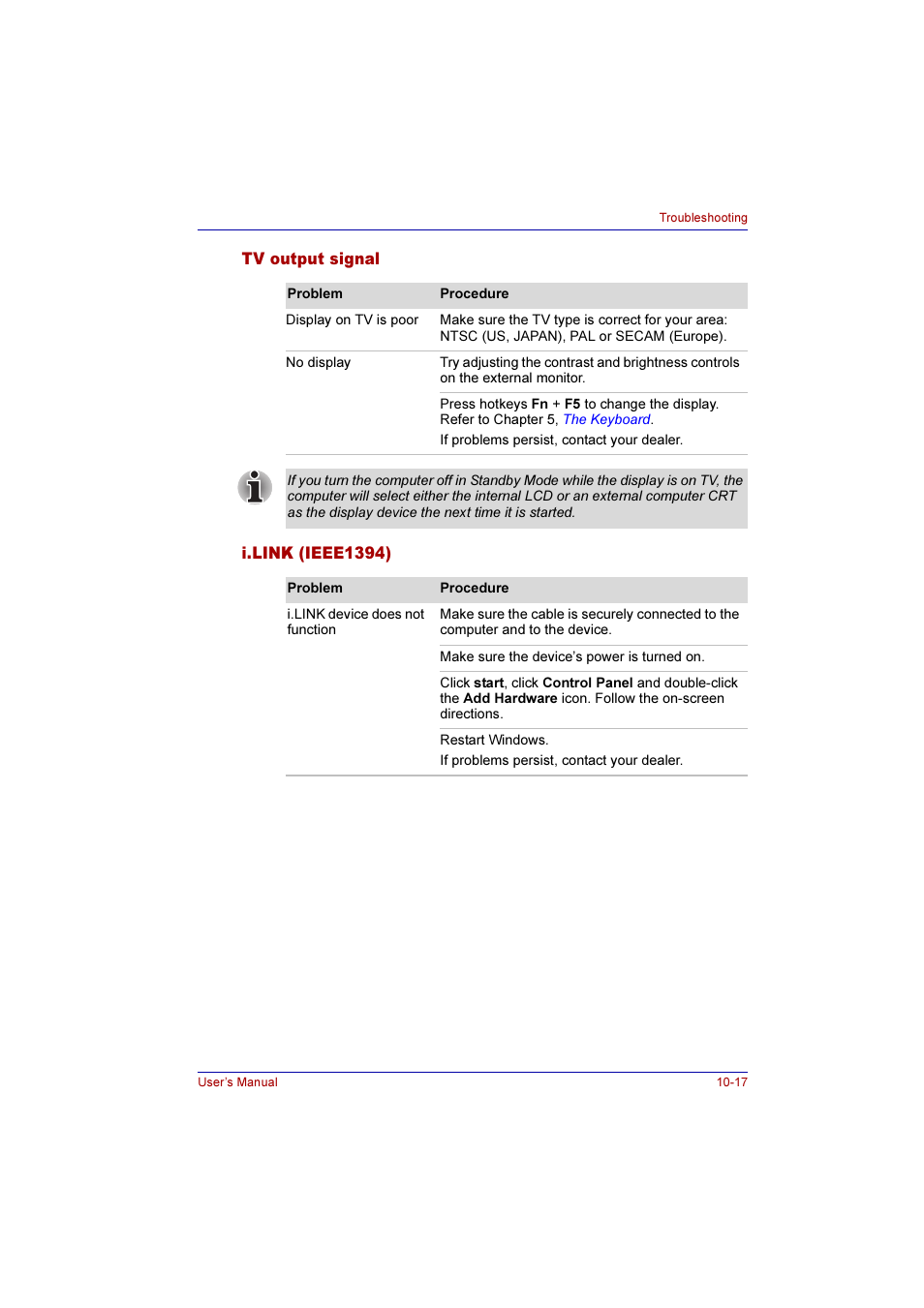 Tv output signal, I.link (ieee1394), Tv output signal -17 i.link (ieee1394) -17 | Toshiba Qosmio G10 User Manual | Page 197 / 235