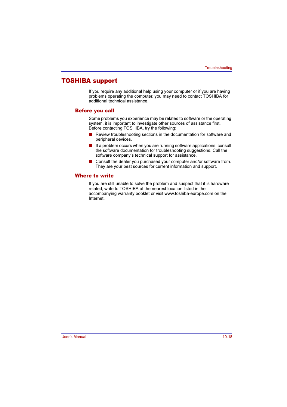 Toshiba support, Before you call, Where to write | Toshiba support -18, Before you call -18 where to write -18 | Toshiba Qosmio G10 User Manual | Page 198 / 235