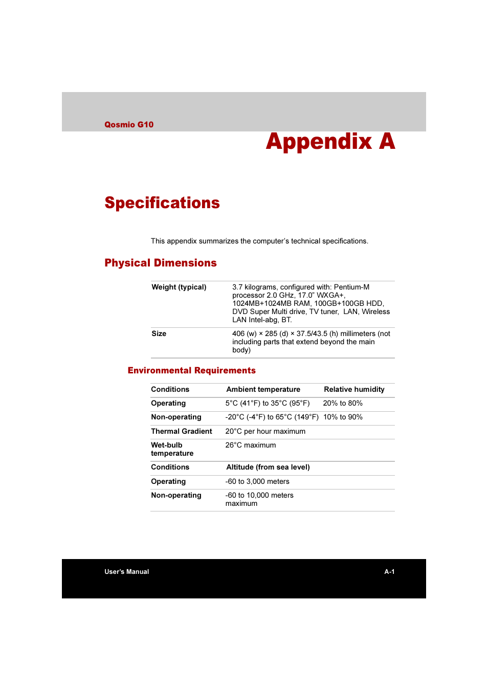 Appendix a: specifications, Appendixes, Appendix a | Specifications, Physical dimensions | Toshiba Qosmio G10 User Manual | Page 199 / 235