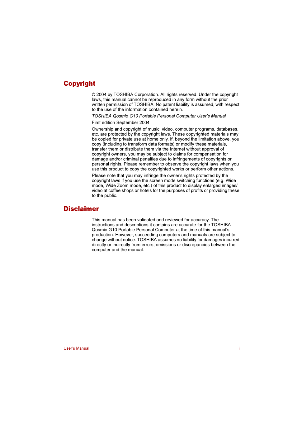 Copyright, Disclaimer | Toshiba Qosmio G10 User Manual | Page 2 / 235