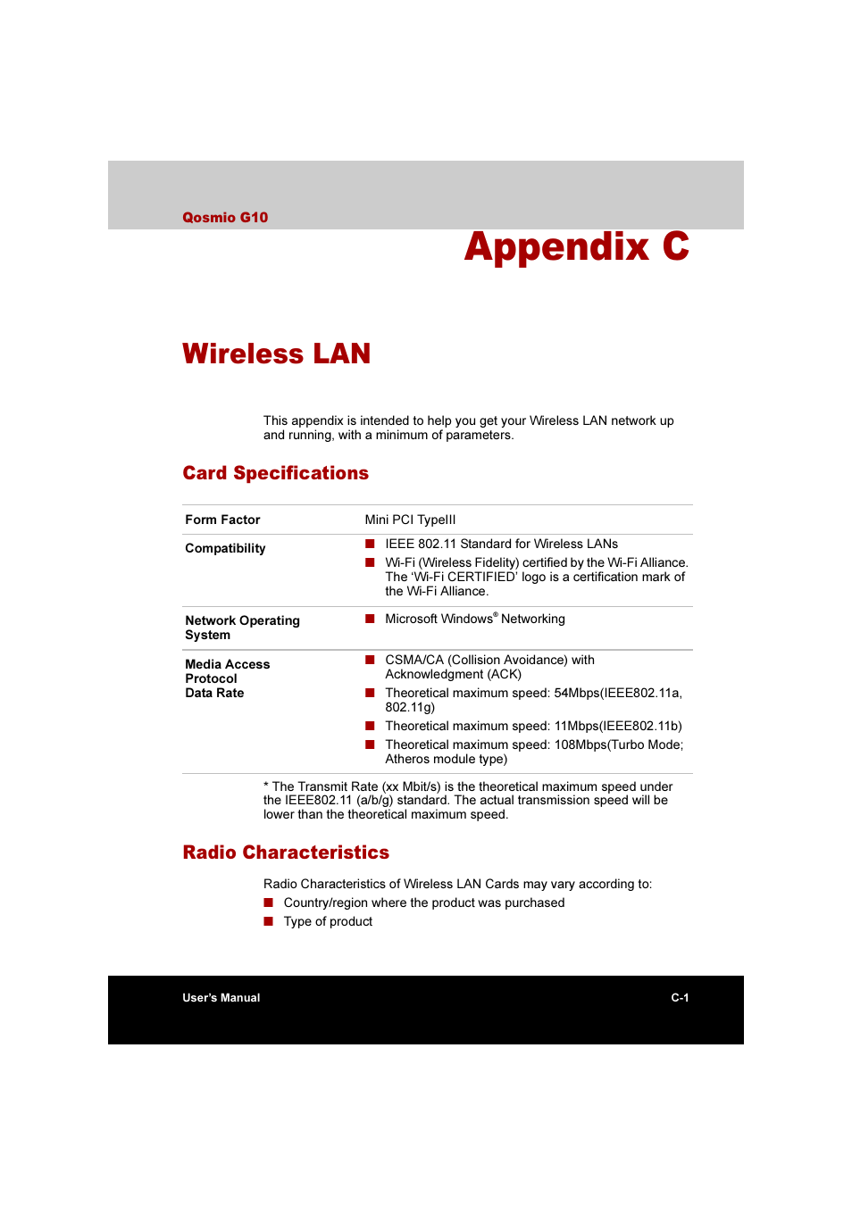 Appendix c: wireless lan, Appendix c, Wireless lan | Card specifications, Radio characteristics | Toshiba Qosmio G10 User Manual | Page 208 / 235