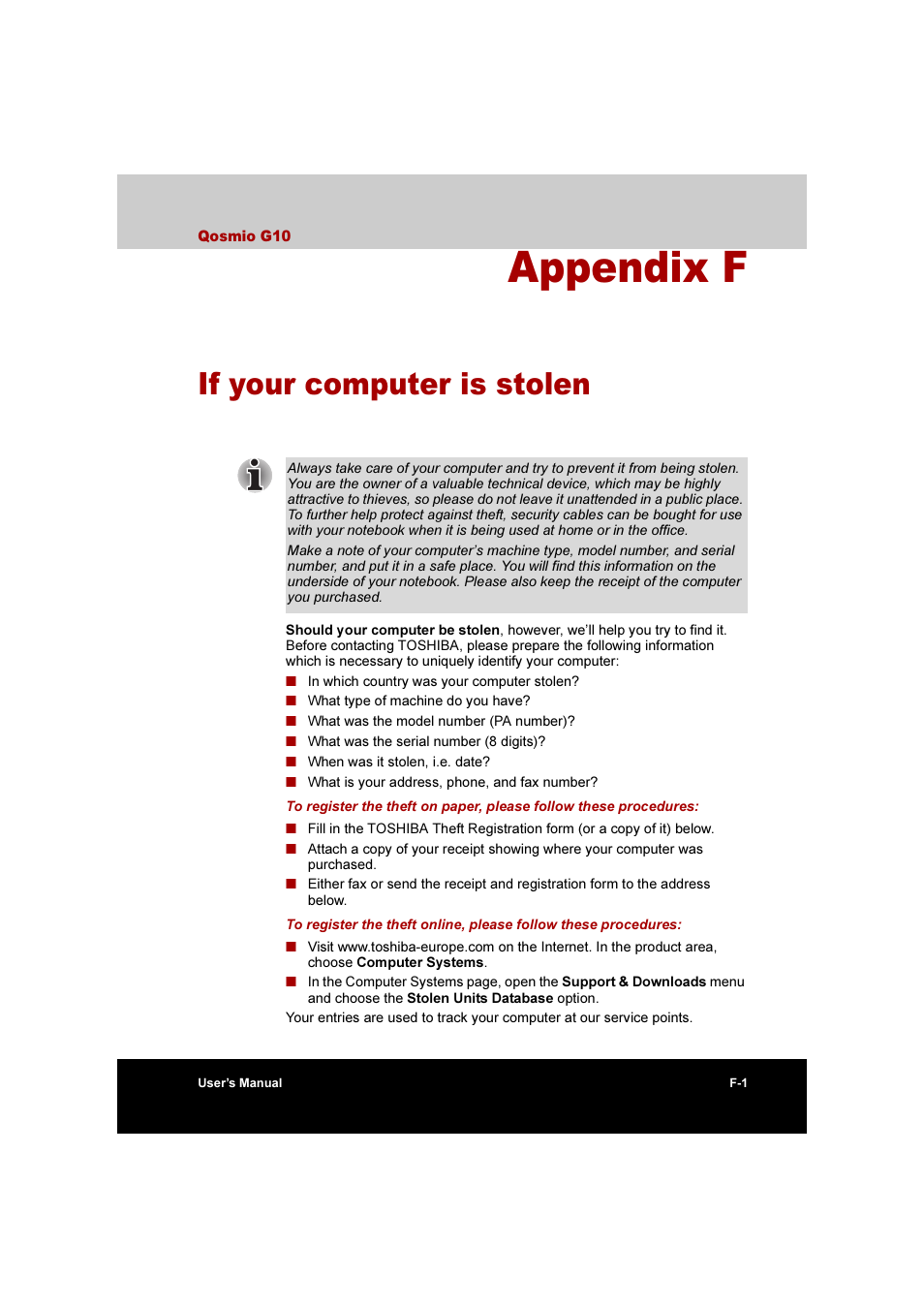 Appendix f: if your computer is stolen, Appendix f, If your computer is stolen | Toshiba Qosmio G10 User Manual | Page 216 / 235