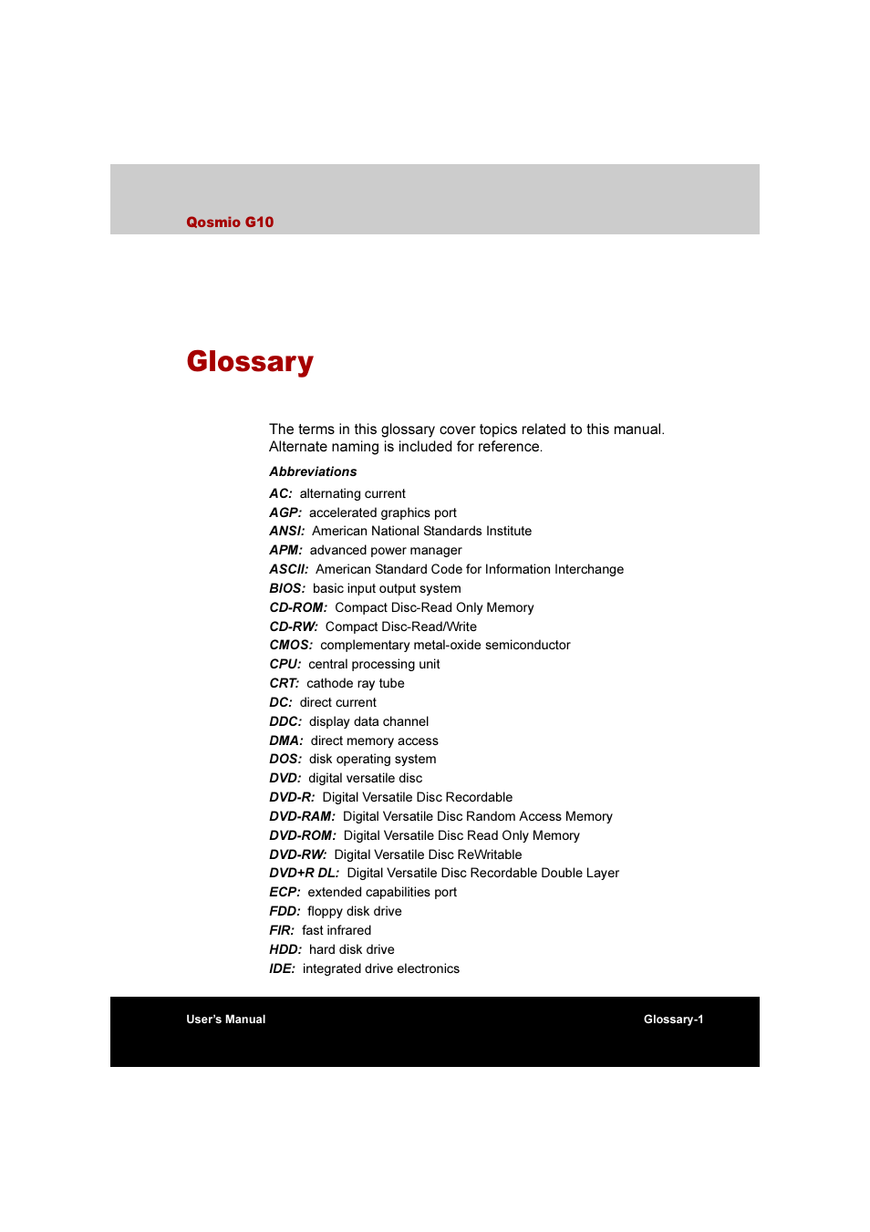 Glossary | Toshiba Qosmio G10 User Manual | Page 218 / 235