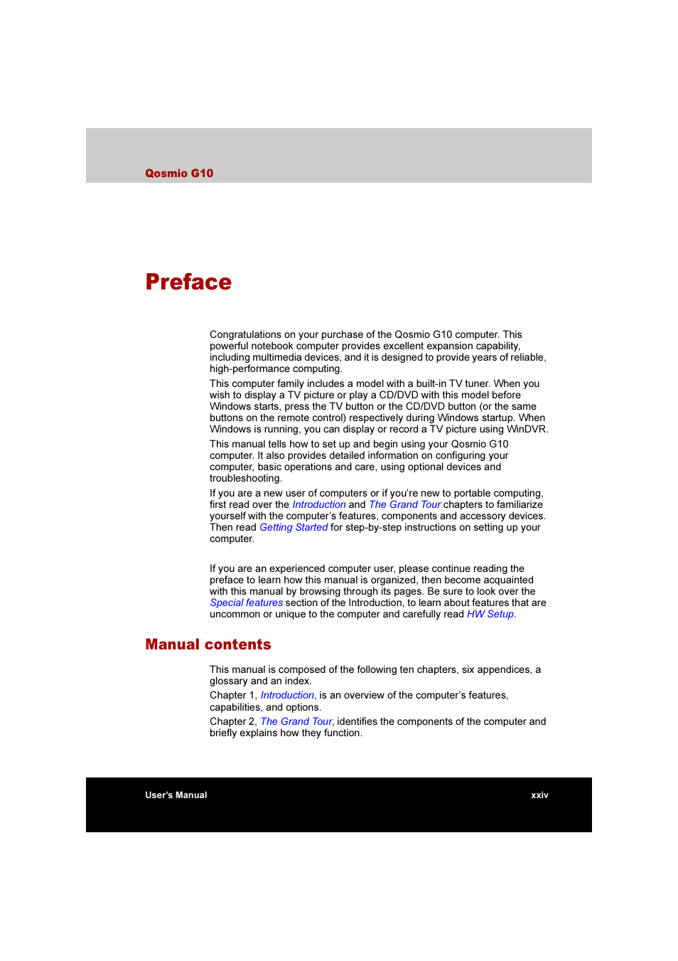 Preface, Manual contents | Toshiba Qosmio G10 User Manual | Page 24 / 235
