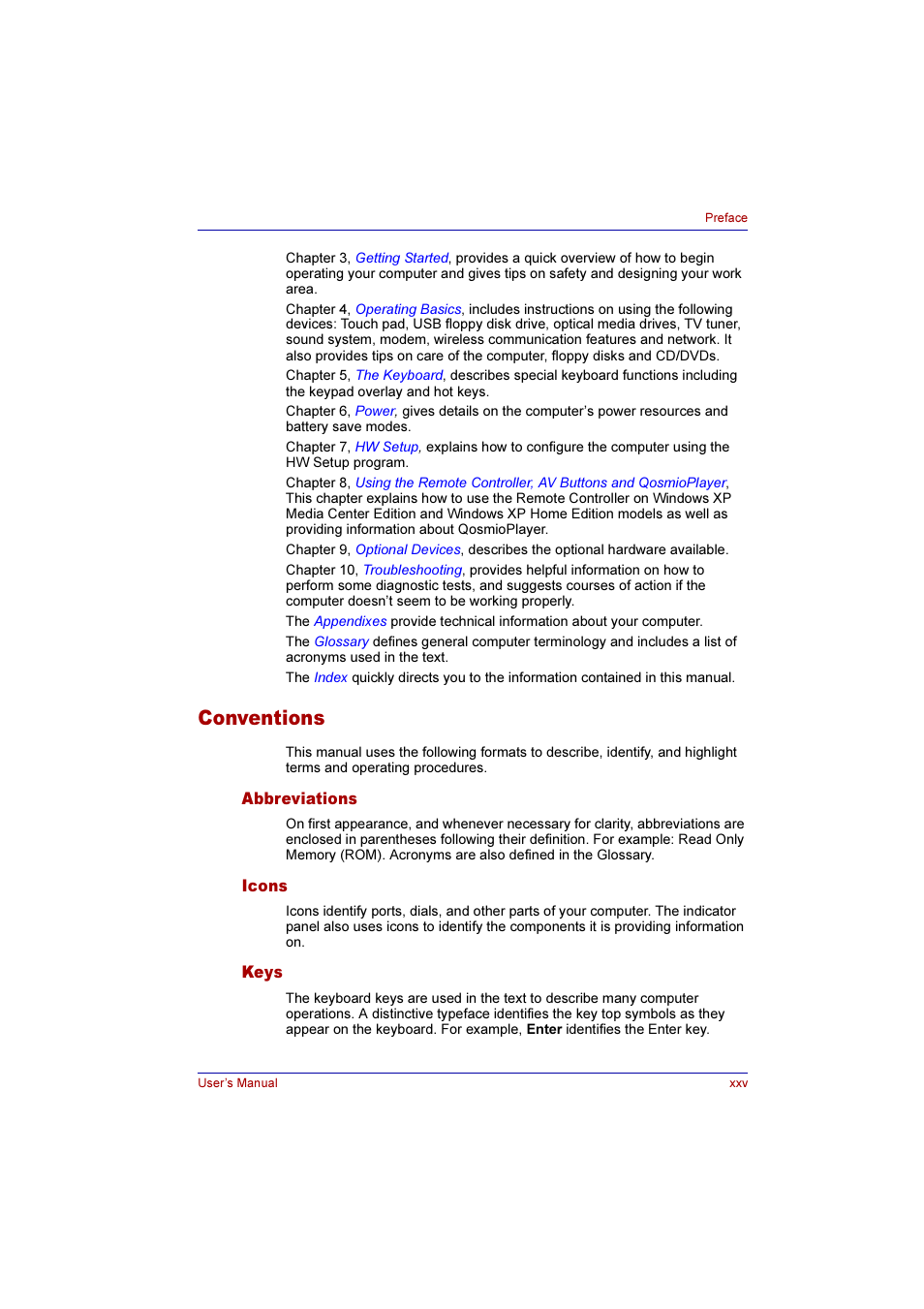 Conventions, Abbreviations, Icons | Keys | Toshiba Qosmio G10 User Manual | Page 25 / 235