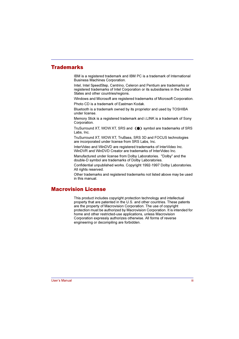 Trademarks, Macrovision license | Toshiba Qosmio G10 User Manual | Page 3 / 235