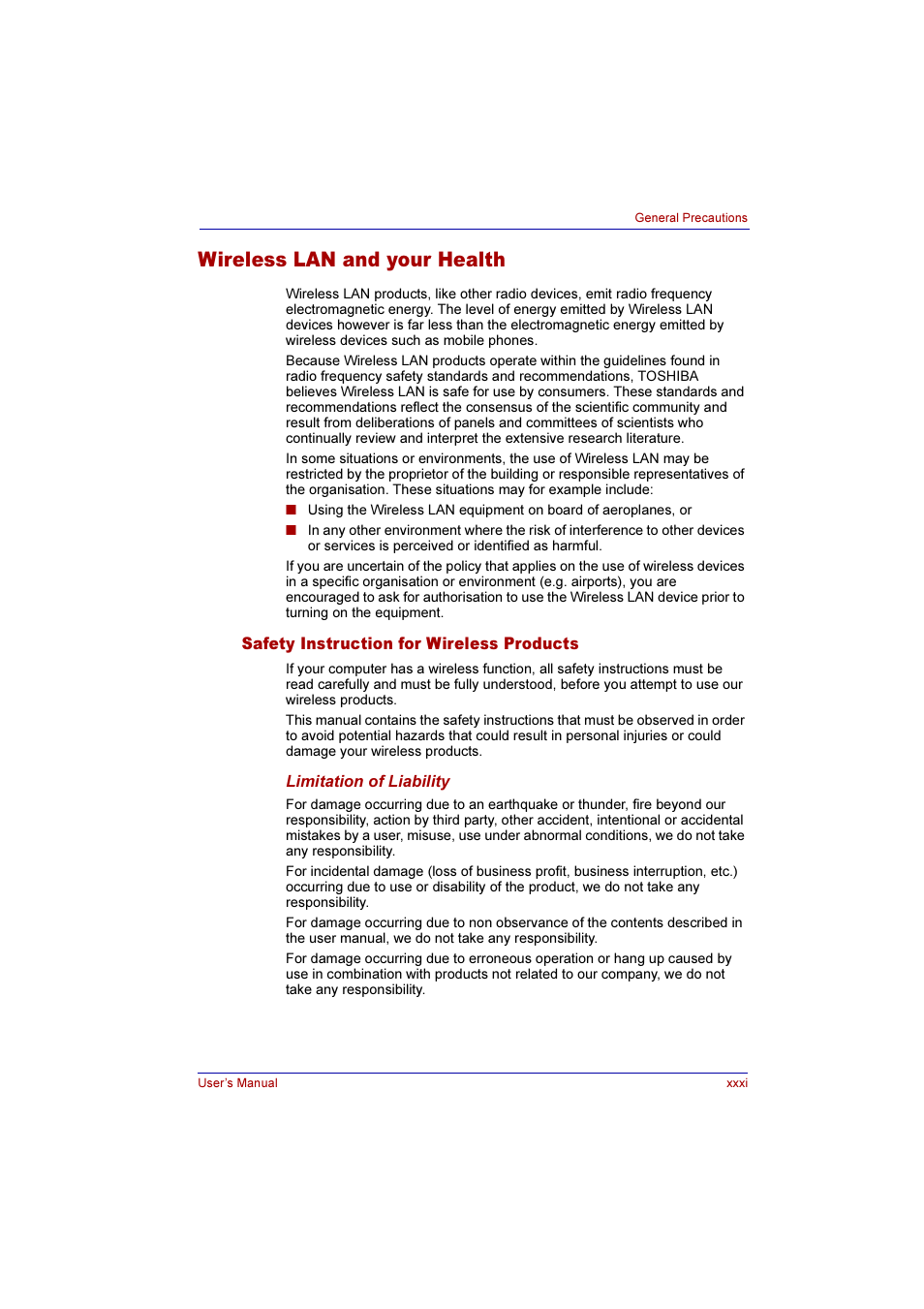 Wireless lan and your health | Toshiba Qosmio G10 User Manual | Page 31 / 235