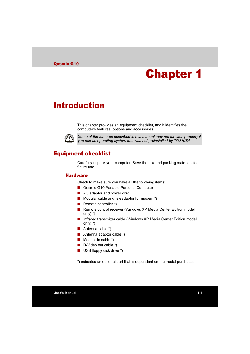 Chapter 1: introduction, Equipment checklist, Hardware | Equipment checklist -1, Hardware -1, Introduction, Chapter 1 | Toshiba Qosmio G10 User Manual | Page 34 / 235