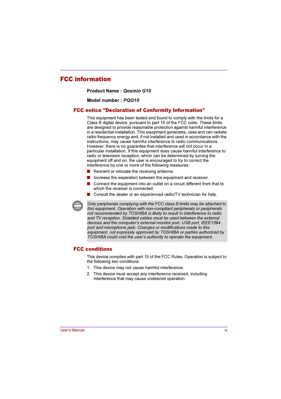 Fcc information | Toshiba Qosmio G10 User Manual | Page 4 / 235