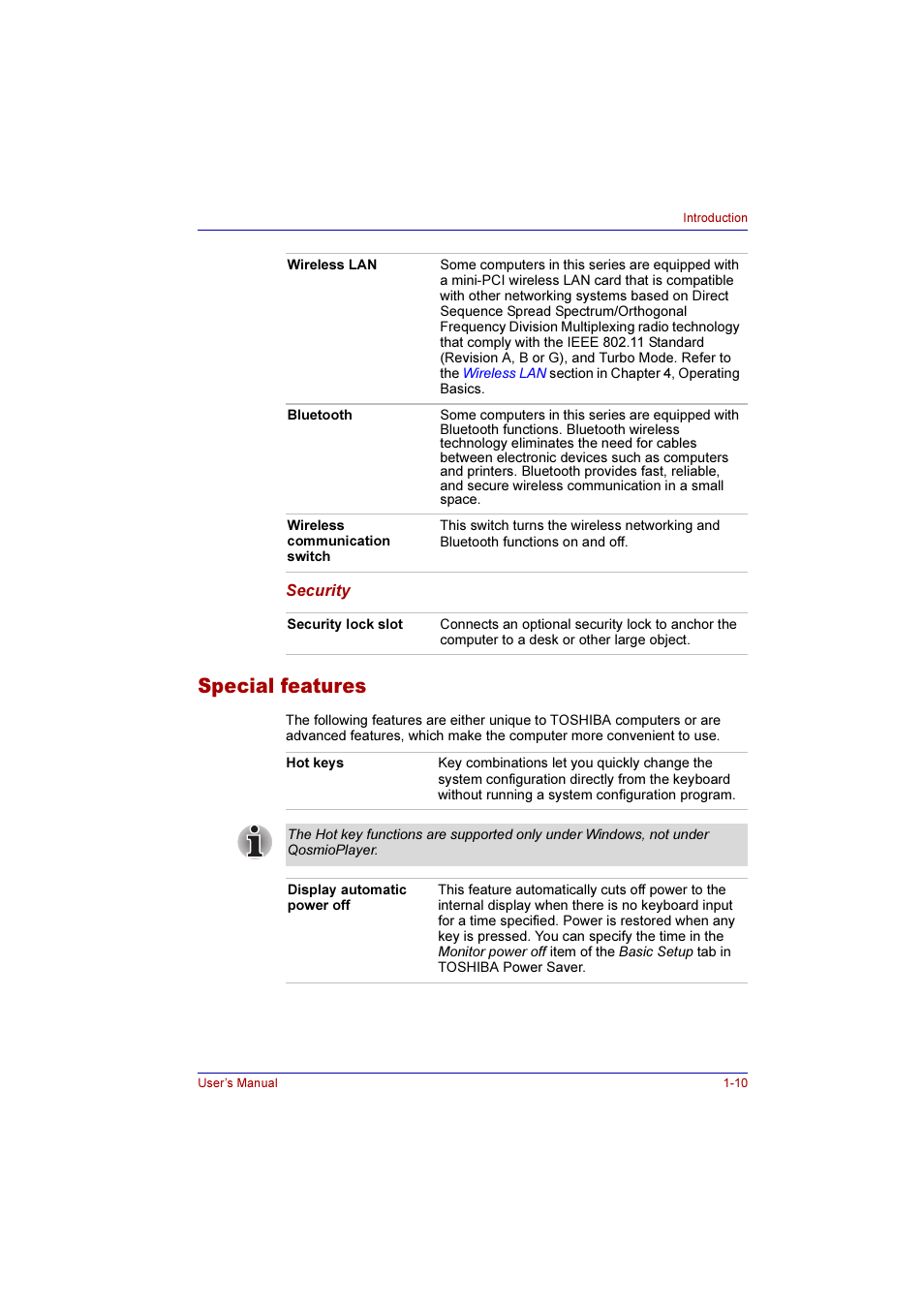 Special features, Special features -10 | Toshiba Qosmio G10 User Manual | Page 43 / 235