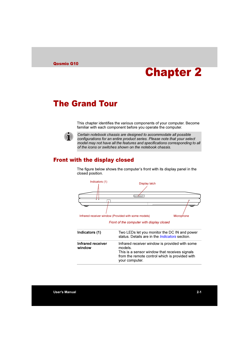 Chapter 2: the grand tour, Front with the display closed, Front with the display closed -1 | The grand tour, Chapter 2 | Toshiba Qosmio G10 User Manual | Page 49 / 235