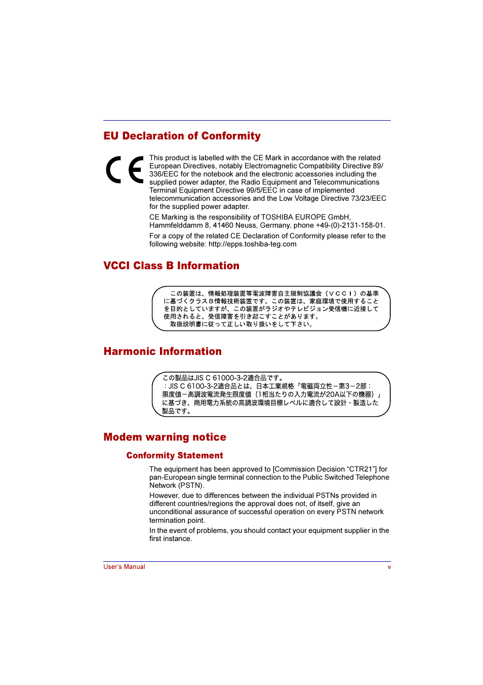 Eu declaration of conformity | Toshiba Qosmio G10 User Manual | Page 5 / 235